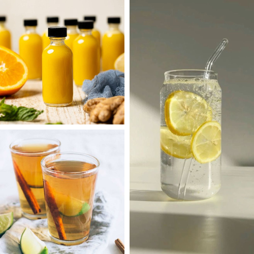 Detox shots, tea, and water bottles filled with fresh ingredients for glowing skin and improved health.