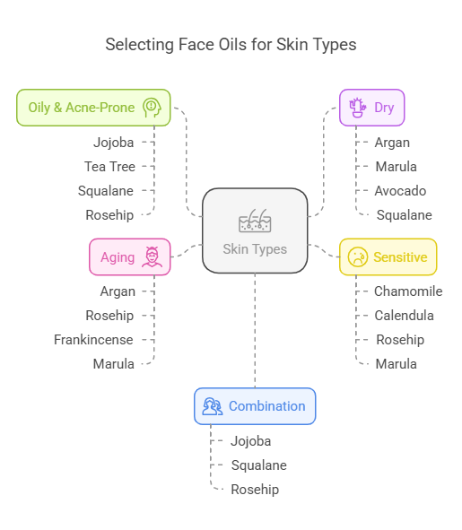 How to Choose the Right Face Oil for Your Skin Type

✔ Oily & Acne-Prone Skin → Jojoba, Tea Tree, Squalane, Rosehip.
✔ Dry Skin → Argan, Marula, Avocado, Squalane.
✔ Sensitive Skin → Chamomile, Calendula, Rosehip, Marula.
✔ Combination Skin → Jojoba, Squalane, Rosehip.
✔ Aging Skin → Argan, Rosehip, Frankincense, Marula.